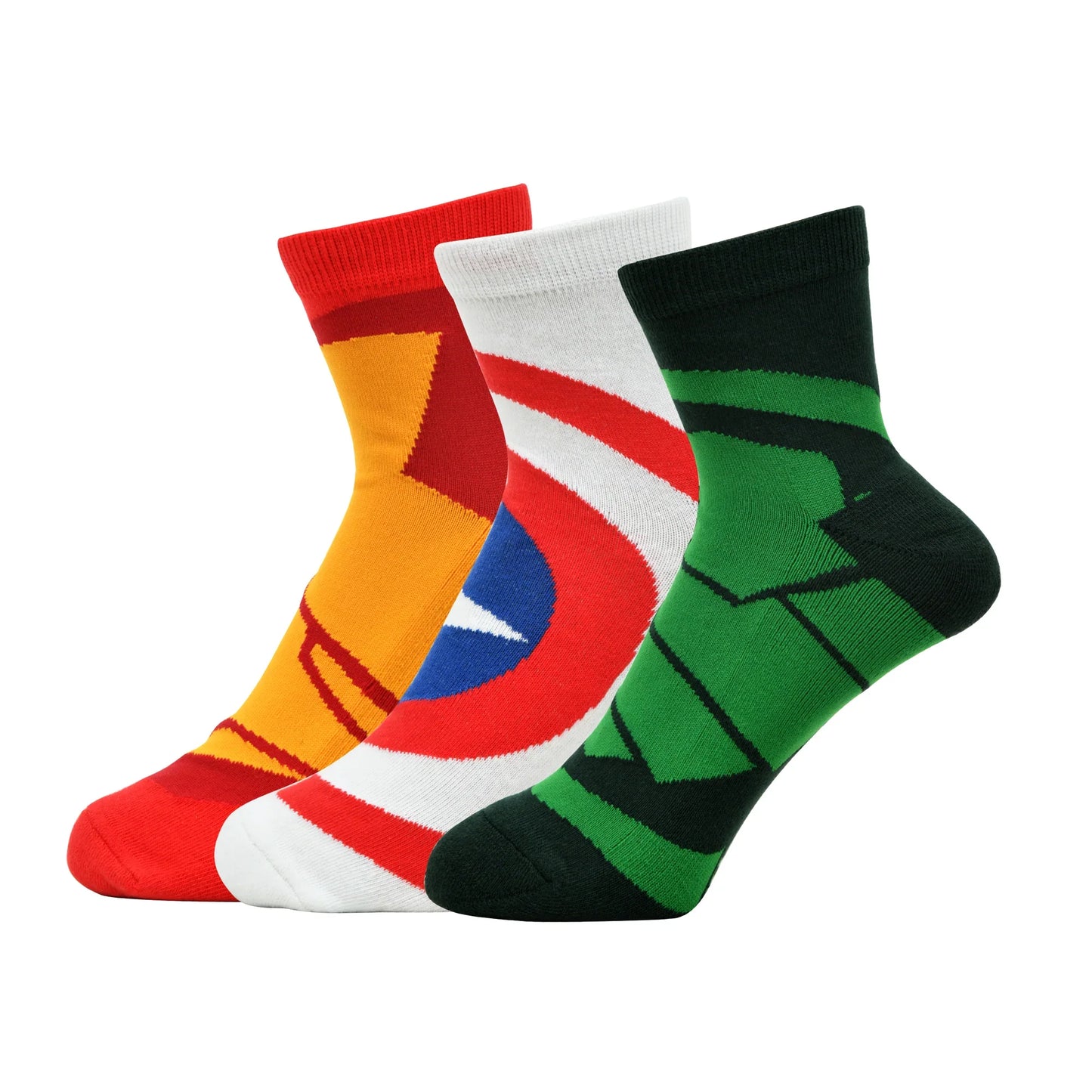 BALENZIA X MARVEL IRON MAN,CAPTAIN AMERICA & HULK HIGH ANKLE LENGTH SOCKS FOR MEN-(PACK OF 3 PAIRS/1U)(FREE SIZE)WHITE,RED,GREEN