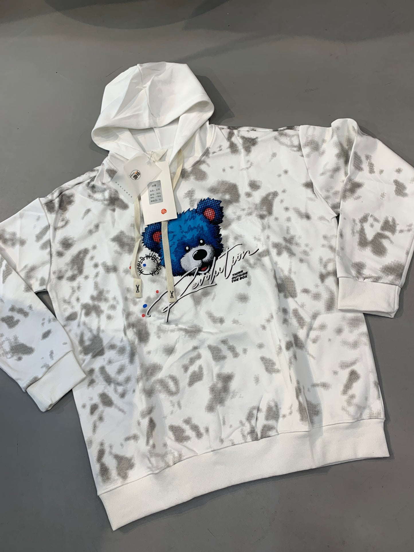 LDA White Grey Teddy Bear Print Revolution Think Out Side The Box Full Sleeve Hoodie 7015