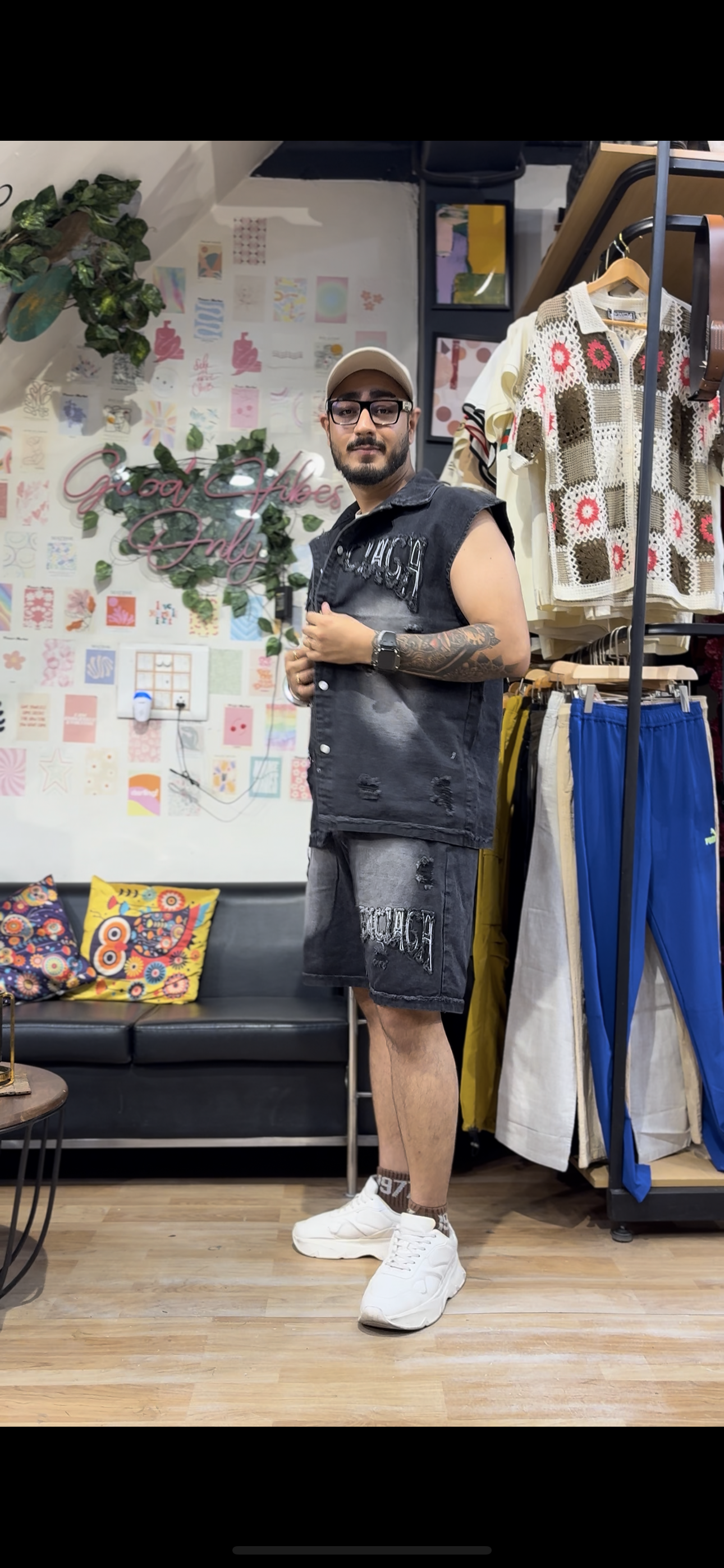 Bal Lab Black Grey Cut Sleeve Shirt With Shorts Denim Coord Set 88008