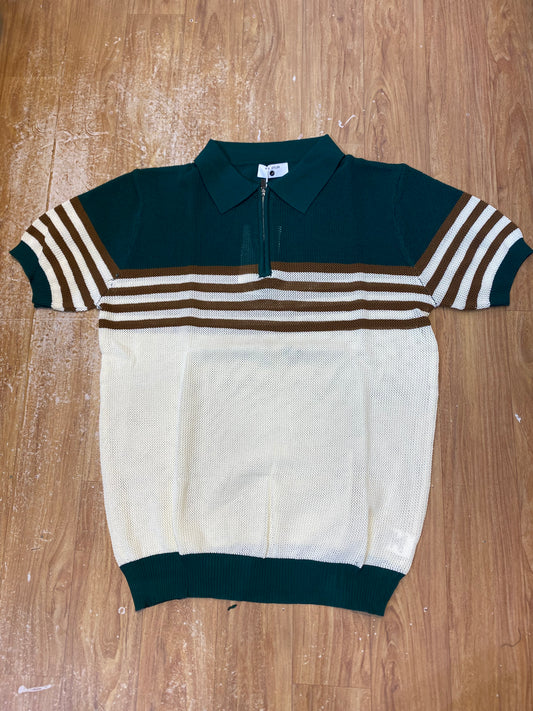Men Stylish Green White Colour Brown Lining Half Zip Knitted Premium Quality Unisex Collar T-Shirt R86028