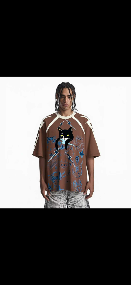 M Four Brown Colour Front Cat Print Baggy Look T-Shirt 26ss-019