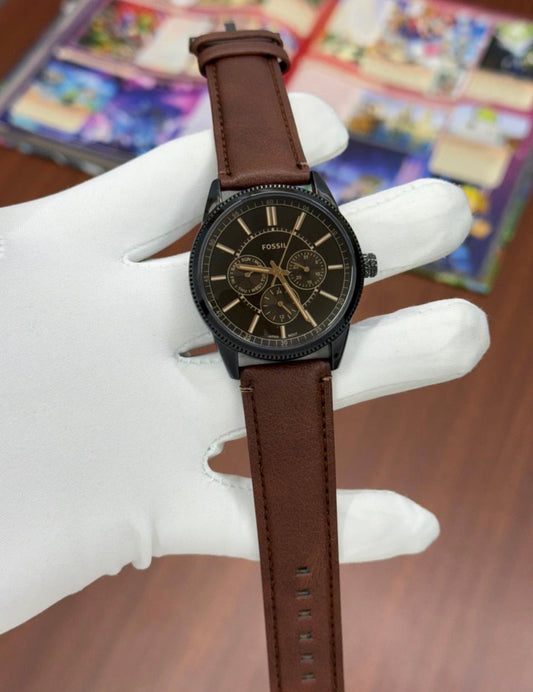 Sof Brown Leather Strap Black Ring Black Golden Dial Men’s Watch 990328