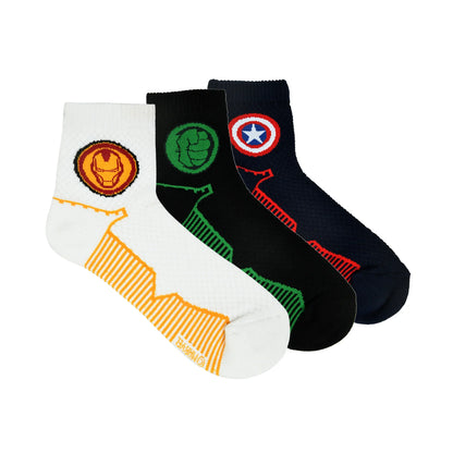 BALENZIA X MARVEL IRON MAN,CAPTAIN AMERICA & HULK LOGO HIGH ANKLE HALF CUSHIONED SPORTS SOCKS FOR MEN-(PACK OF 3 PAIRS/1U)(FREE SIZE)WHITE,GREEN,NAVY Your Cart Subtotal