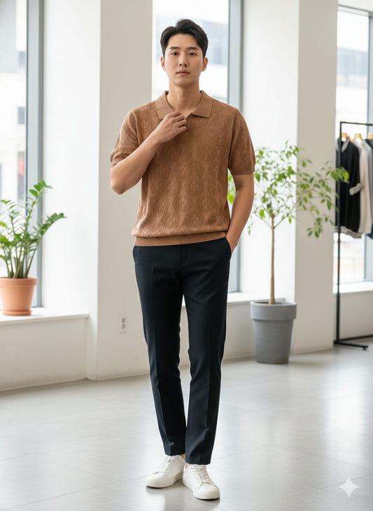 BUSA Beige Knitted Premium Quality Unisex Collar T-Shirt 2099