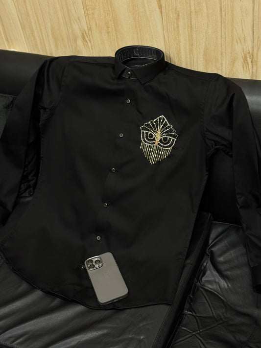 AQUARIUS  Black Colour Owl Black Gold Stud Design Premium Quality Full sleeve Shirt 2510