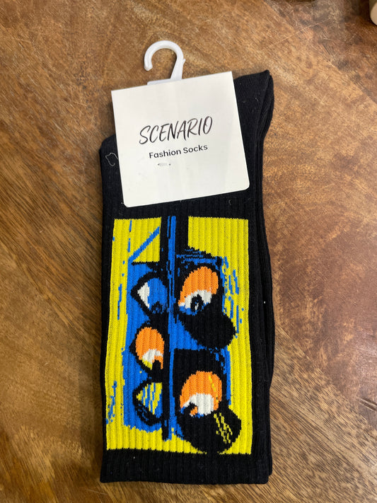 Scenario Black Colour Yellow Blue Print Premium Quality Full Socks 991192