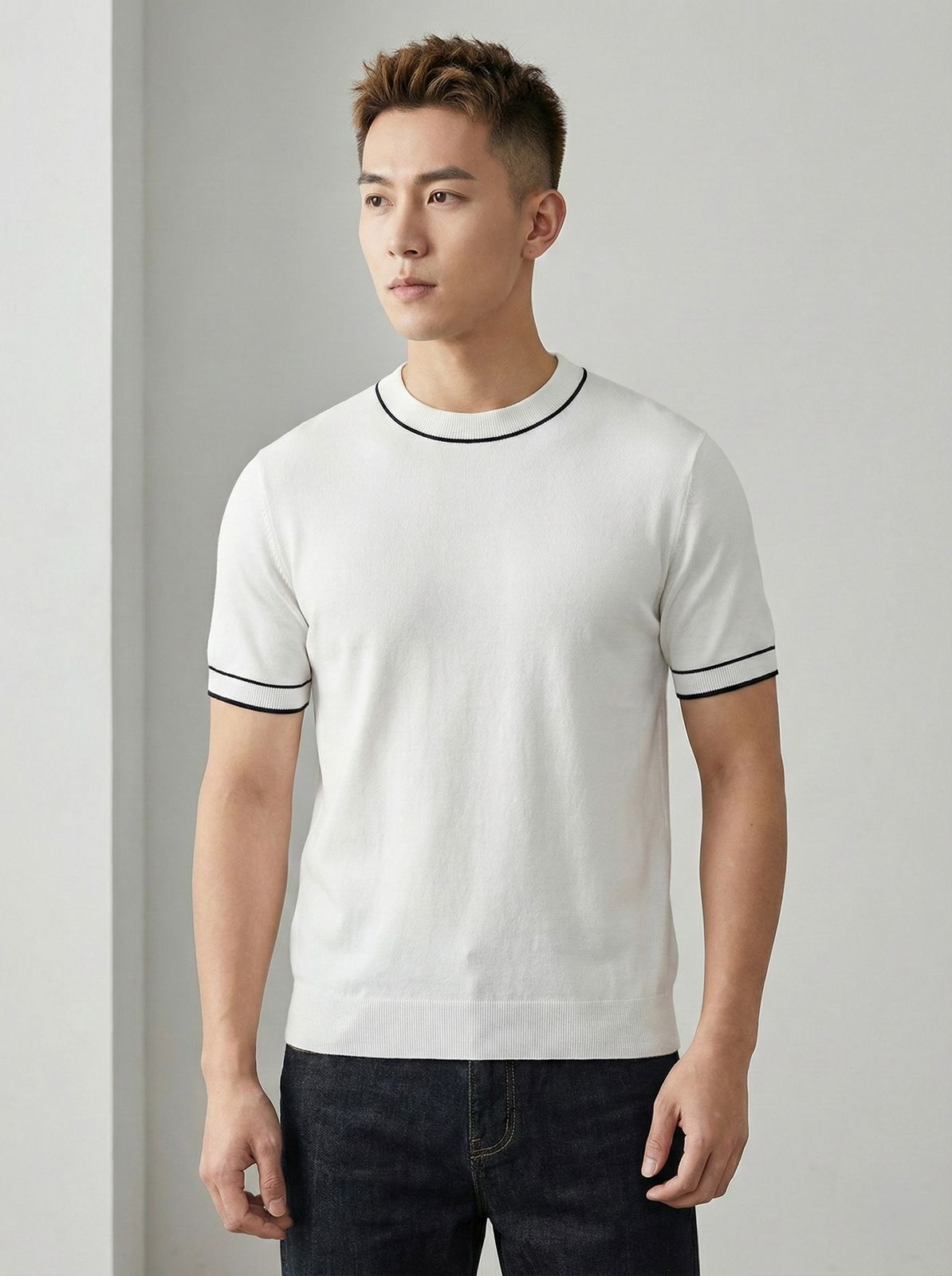 Modern Stylish White Colour Round Black Line knitted Round Neck Tshirt QC009