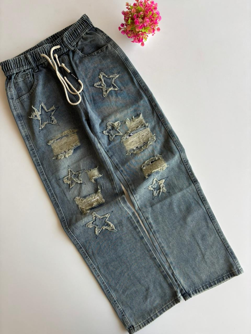 FASHION DESIGN Blue Faded Colour Star Embroidered Imported Unisex Cargo Jeans 2888