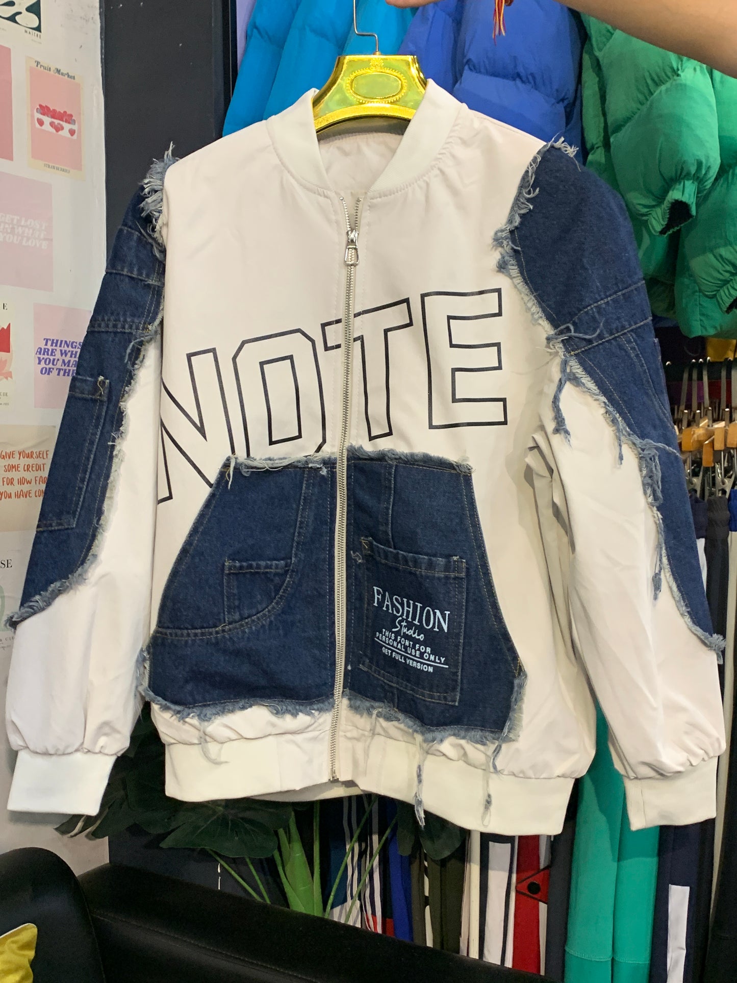 NOTE White Colour With Rugged Blue Denim Embroidery Design Premium Quality Unisex Varsity Jacket 013