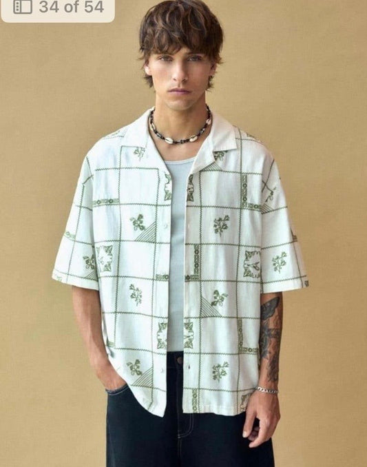 LDA Ice Blue Colour Green Design Half Sleeve Men’s Shirt 989619
