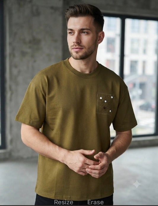 OUTLIER Olive Green Colour WHAT ARE YOU LOOKING FOR Button Patch Imported T-shirt OL507