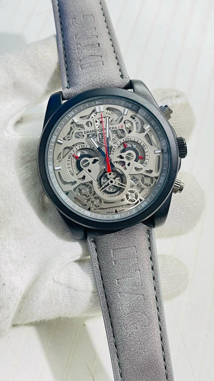 Gat Grey Leather Strap Black Ring Grey Dial Chronograph Working Men’s Watch 988977