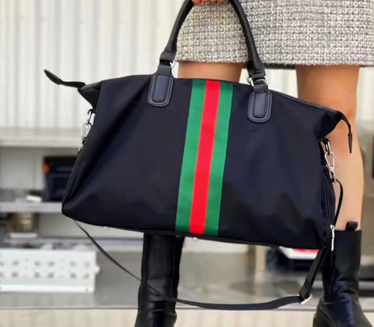 Cug Guc Black Colour Red Green Stripe Duffle Bag 989570