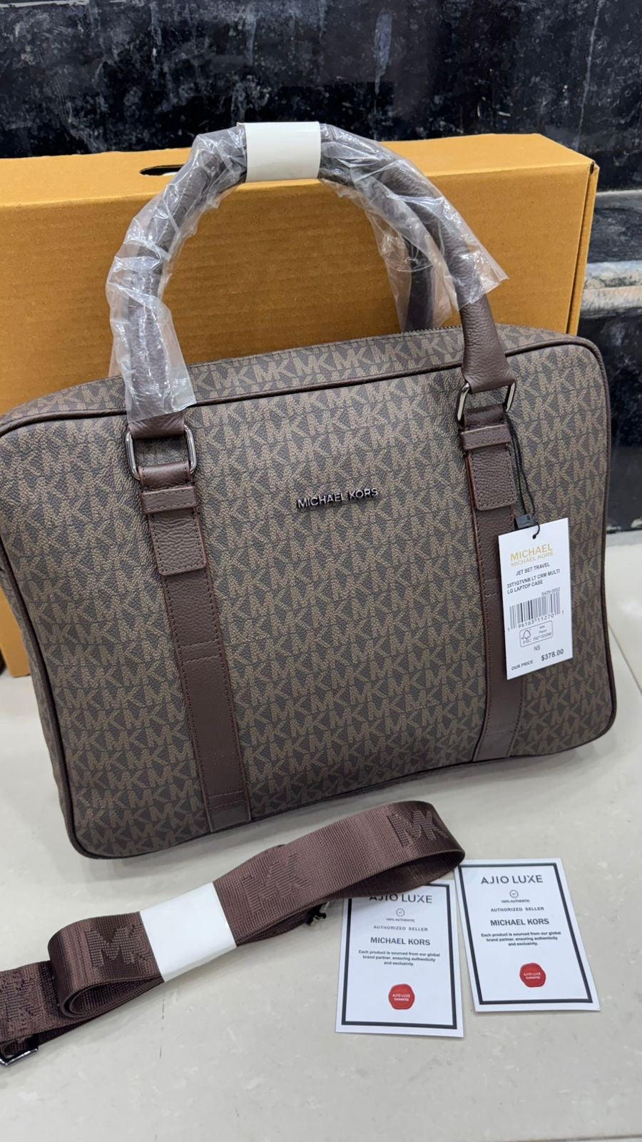 CIM MIC KM Print Genuine Leather With Multiple Zipper Premium Quality Unisex Laptop Bag With Box 989741