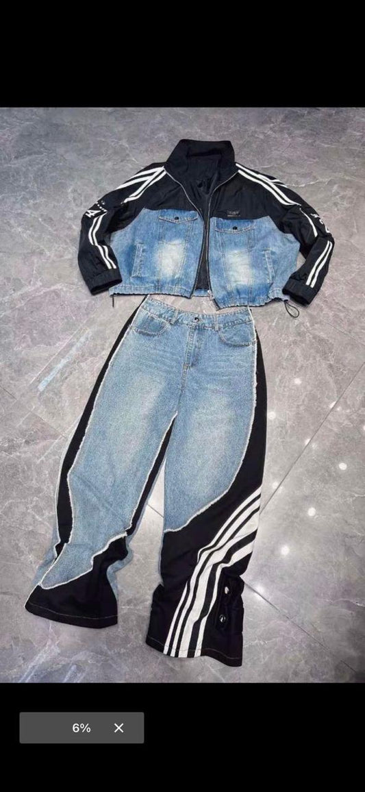 Seven+  Sky Blue Black Red White Stripe Colour Imported Baggy Fit Jeans 17151