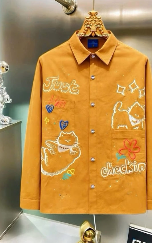 CHLEN/RTEEL Tan Colour With Just Checking Cartoon Patch Embroidery Full Sleeve Imported Oversized Unisex Shirt Yh798