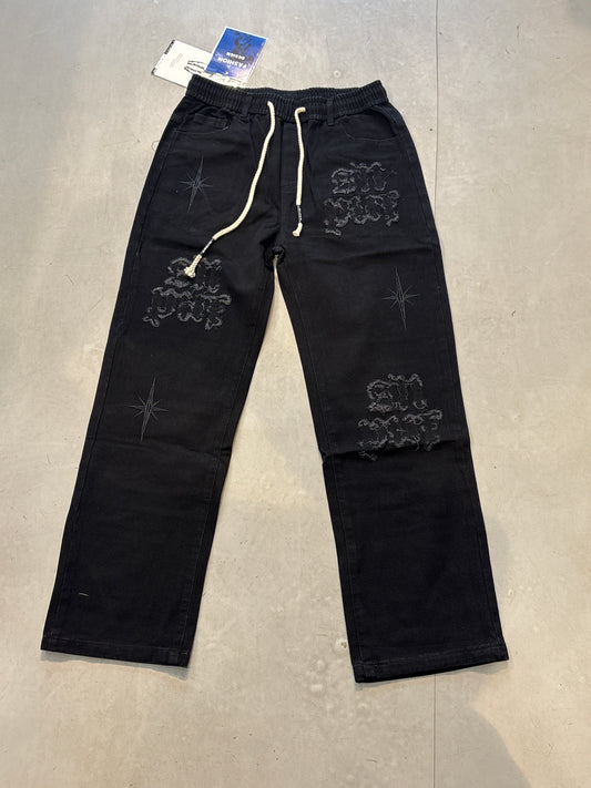 Fashion Design Black Colour Rugged Sn Puf Star Print Tc1989 Denim Jogger Pant 2815