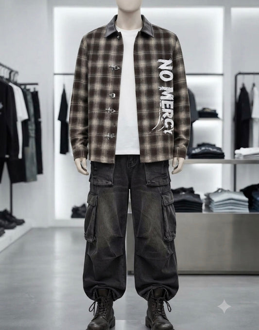 Vogue Desing Brown Cream Check No Mercy Print Leather Collar Premium Quality Unisex Shirt 1114-A
