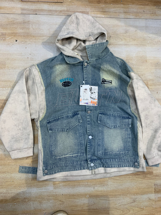 BLTN Faded Blue Denim With Grey Premium Heavy Quality Men’s Hooded Jacket 9506