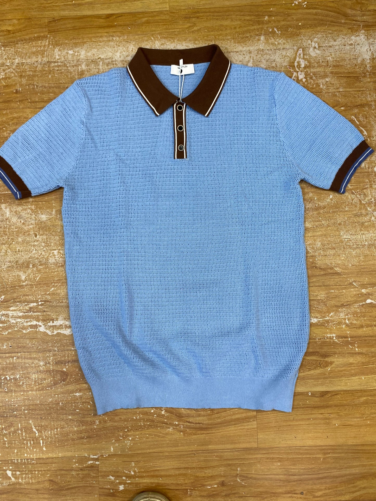REA Aertu Sky Blue Beige Colour  Knitted Premium Quality Unisex White Lining Collar T-Shirt R86131