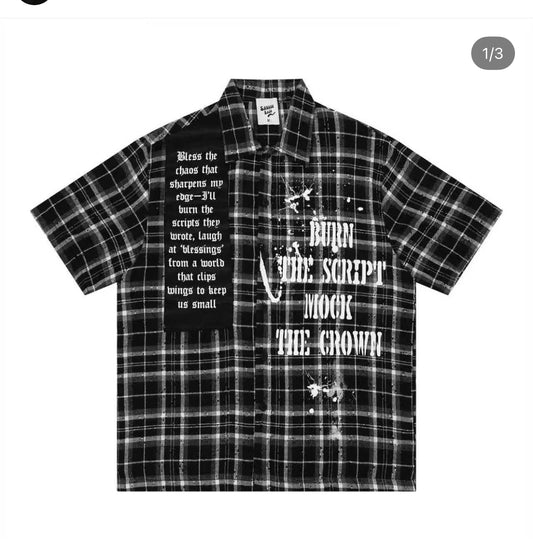 SAVAGE BASE BURN THE SCRIPT Black Grey Check Rugged Style Half Sleeve Imported Unisex Shirt YR9367