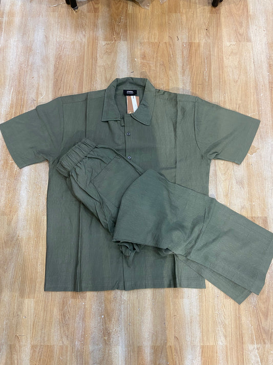 Raz Zar Green Colour Linen Half Sleeve Shirt With Pant Coord Set 989392