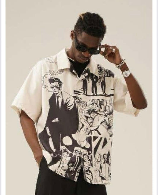 LDA Beige Colour Black Printe Half Sleeve Men’s Shirt 989599