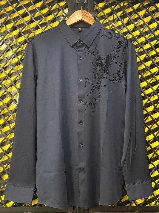 Navy Blue  Bird Stone Printed Full Sleeve Stichless Strachable Shirt 7877
