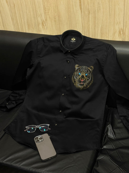 AQUARIUS  Black Colour Tiger Black Gold Stud Design Premium Quality Full sleeve Shirt 2507