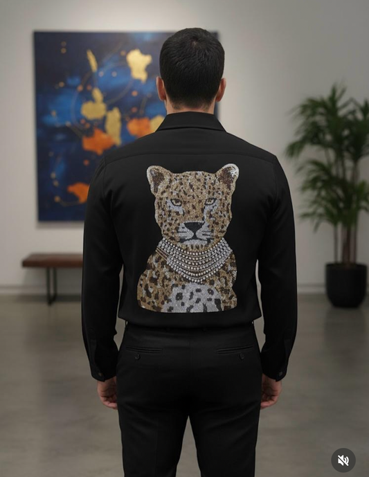 AQUARIUS Black Colour Tiger Gold Black Stud Design Premium Quality Full sleeve Shirt 2566