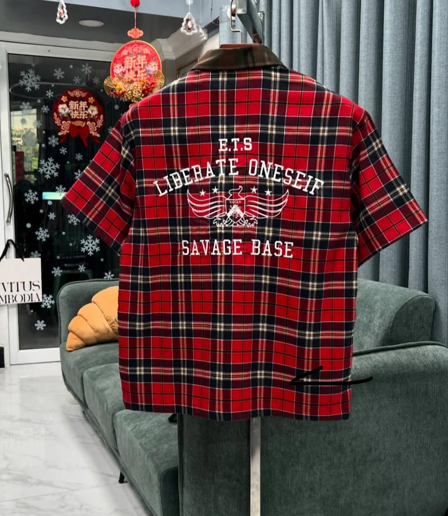 SAVAGE BASE ENDAROUND Patch Red Blue Check With Military Collar Half Sleeve Imported Unisex Shirt YR9360
