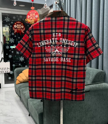 SAVAGE BASE ENDAROUND Patch Red Blue Check With Military Collar Half Sleeve Imported Unisex Shirt YR9360