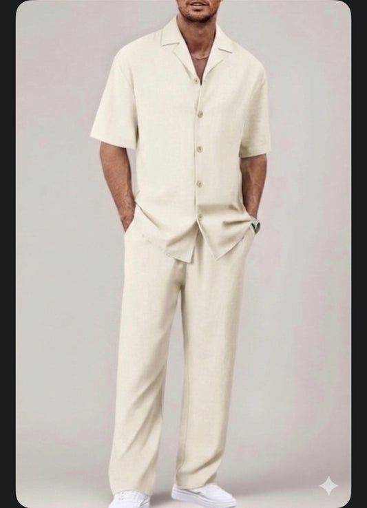 Raz Zar cream Colour Linen Half Sleeve Shirt With Lower Coord Set 990490