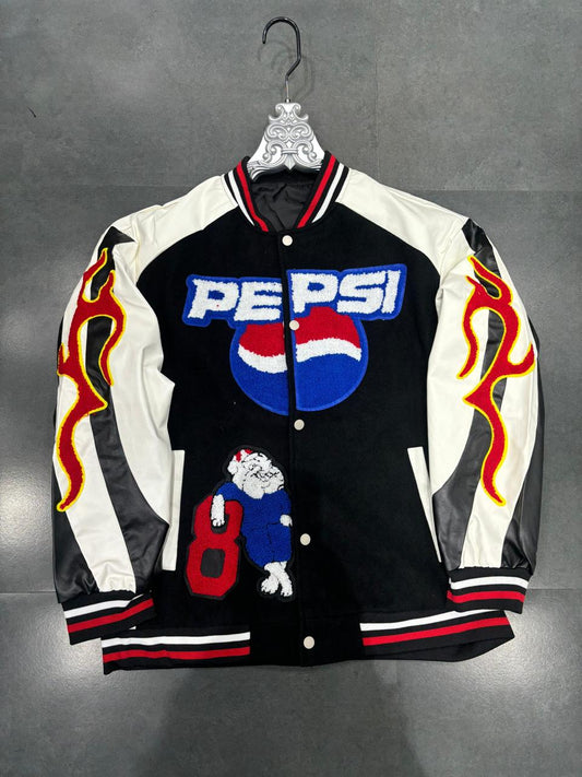 Pepsi Black Colour With Front Back Patch Work Premium Quality Varsity Jacket 8908