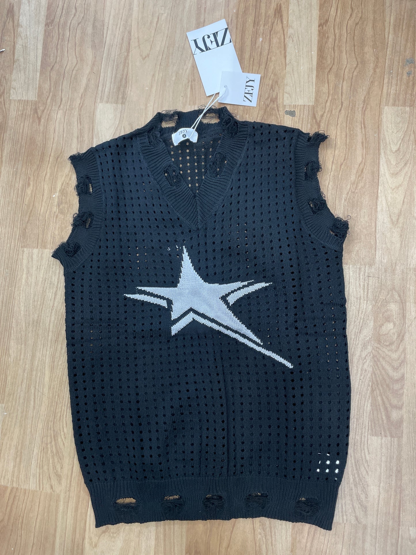ZFJY Black Colour Grey Star Print Rugged Style Knitted Premium Quality Tank Top 6301