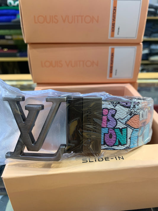UOL LOU Mettle Grey Black Buckle Black White Printed Double Side Strap Unisex Belt 989890