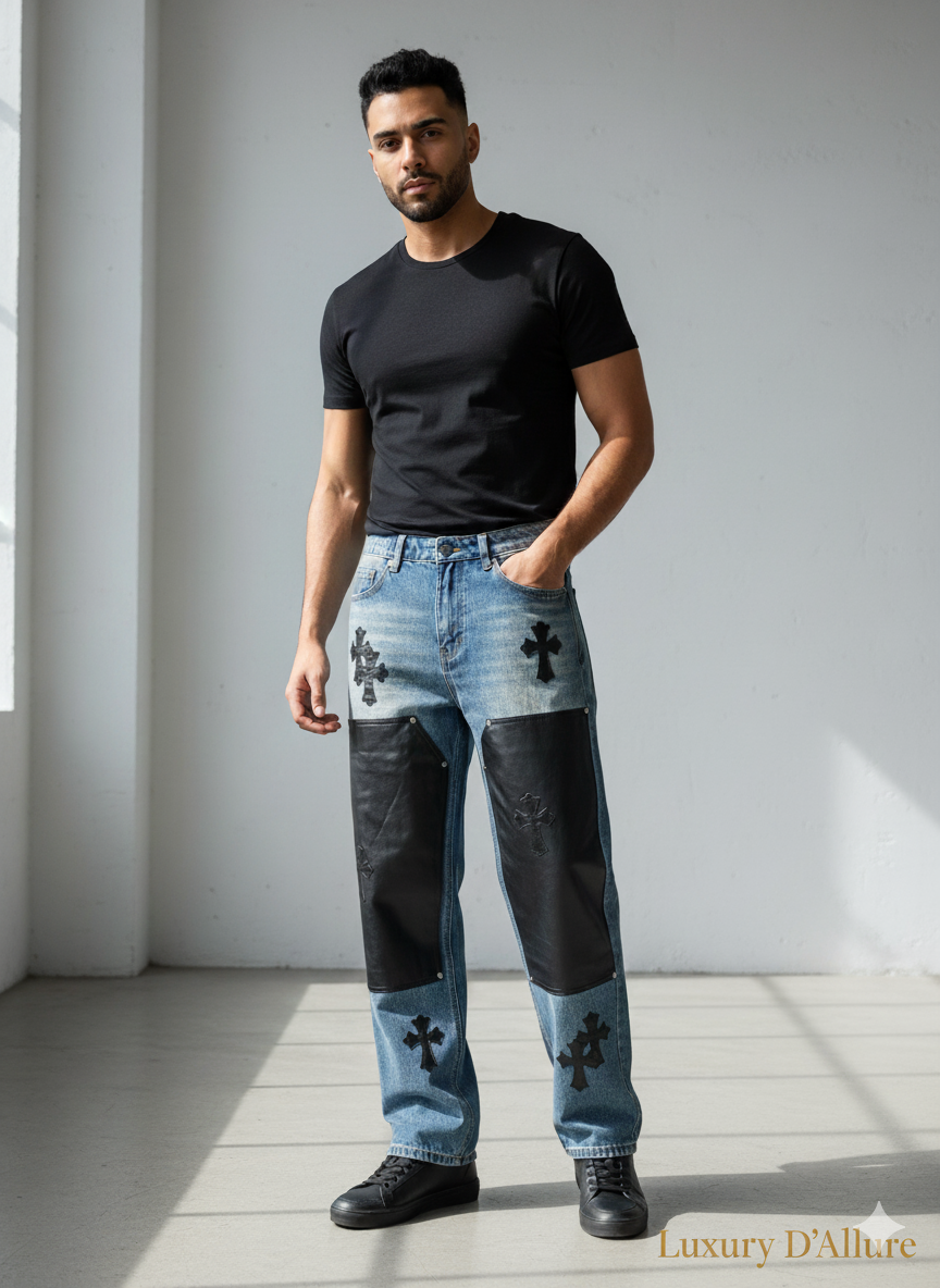 Chr Rhc Blue Denim Black Pach Work Imported Straight Fit Jeans KE-9