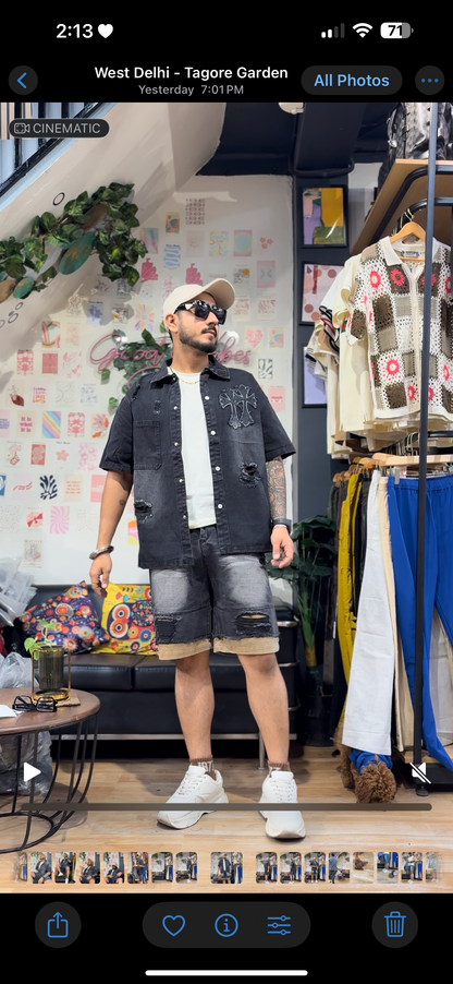 Chr Rhc Black Grey Half Sleeve Shirt With Shorts Denim Coord Set 76501