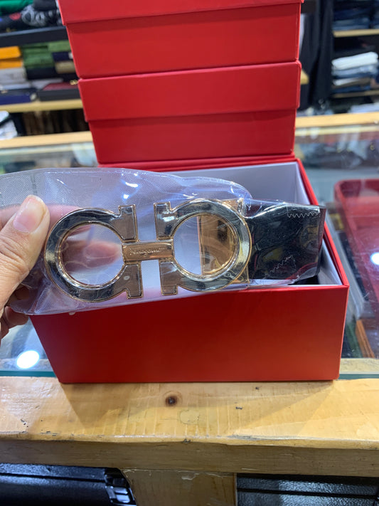 REF FER Golden Buckle Black Brown  Double Side Strap Premium Quality Imported Unisex Belt 989895