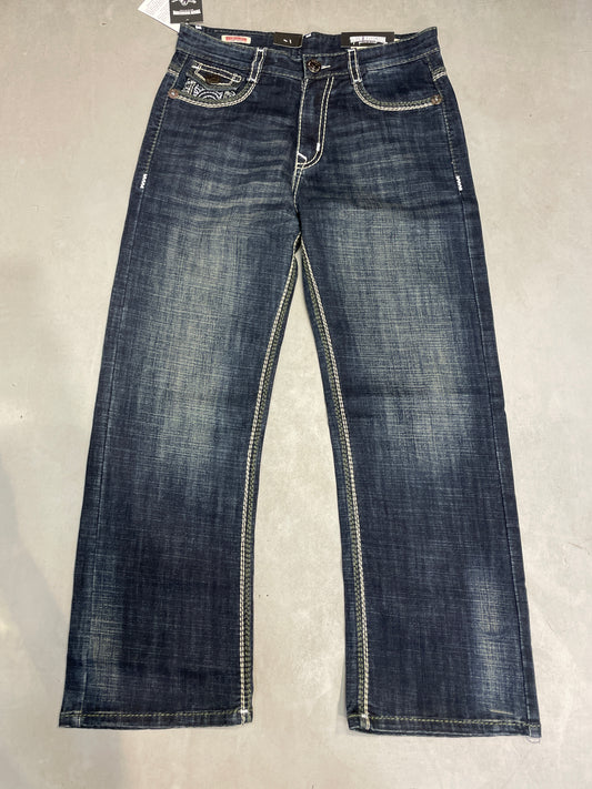 TR TRUE RELIGION Navy Blue Colour Cream Green Thread Work Premium Quality Baggy Fit Imported Jeans TR16-A
