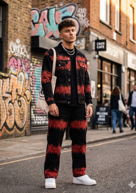 SHOW HONOR Denim Black Orange Colour With Smiley Print Shirt And Jeans Imported Unisex Coord Set A002