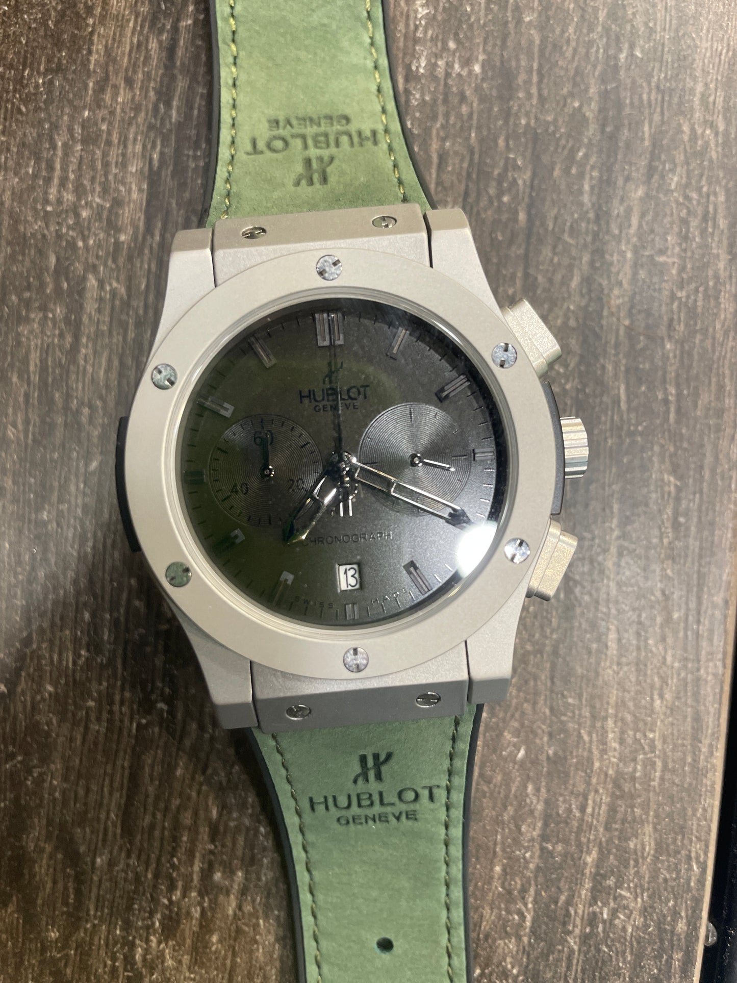 Buh Olive Green Suede Leather Strap Grey  Chrono Dial Men’s Watch 990345