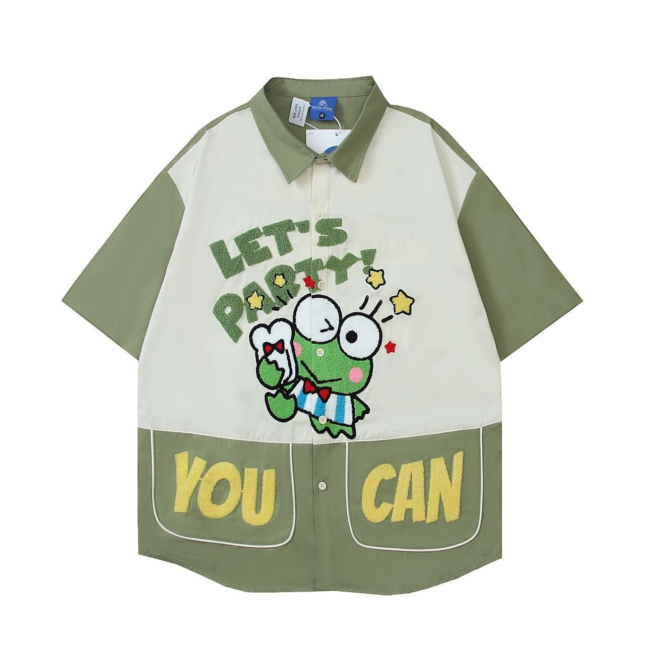 CHLEN RTEEL Pista Green Cream Colour Cartoon Print Let’s Party You Can Baggy Size Premium Shirt HY239