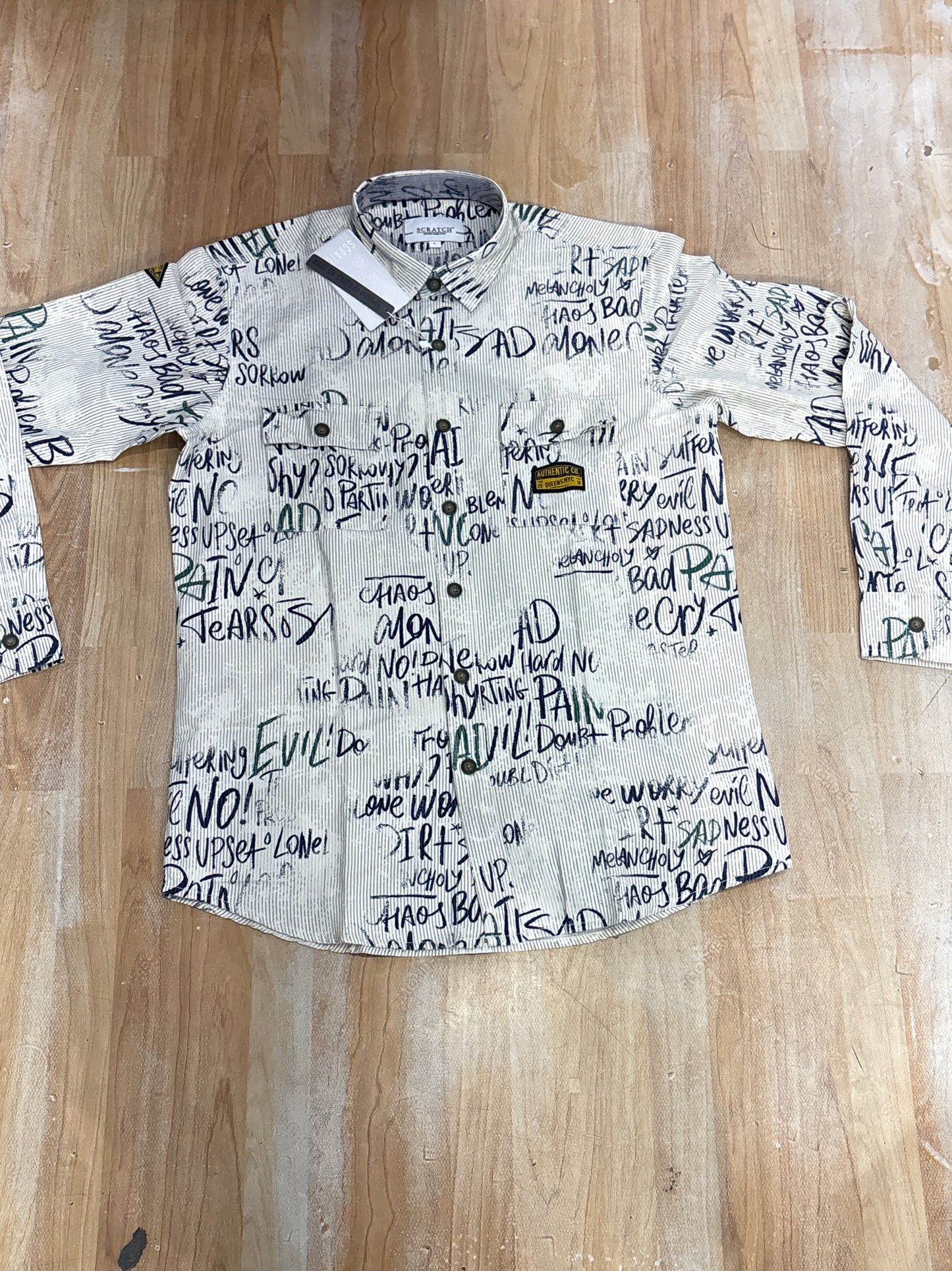 Scratch Cream Blue Word Print Colour Print Full Sleeve Shirt 00076115