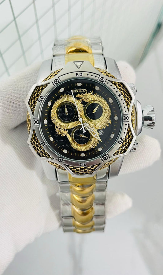 Vin INV Silver Gold Chain Golden Silver Ring Black Golden Dial Heavy Man Watch 990427