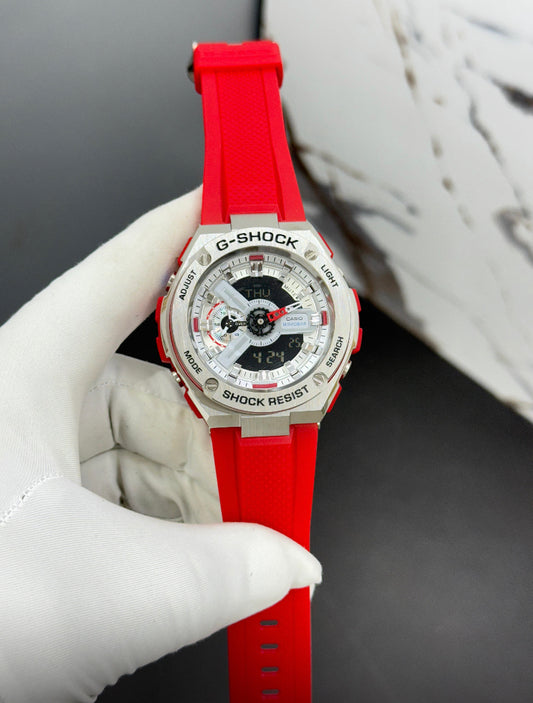 Hsg Red Colour Silicone Strap Silver Metal Dial Water resistant Sports Men Watch 989491