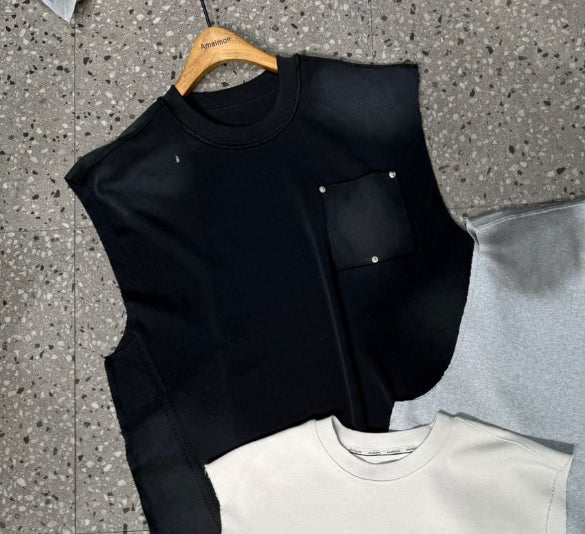 Black Grey Faded Colour Pocket Cut Sleeve Sandos HN036