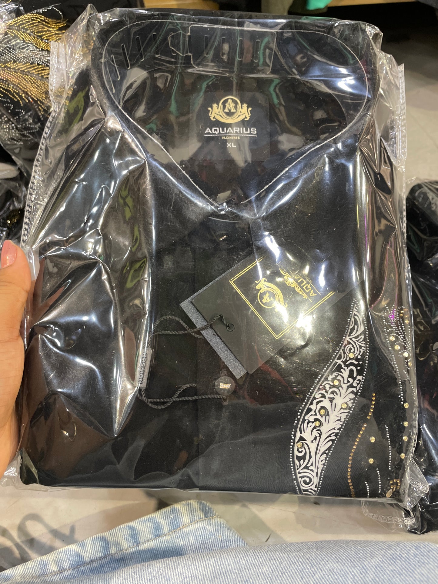 AQUARIUS Black Colour Gold Black Silver Stud Design Premium Quality Full sleeve Shirt 2618B