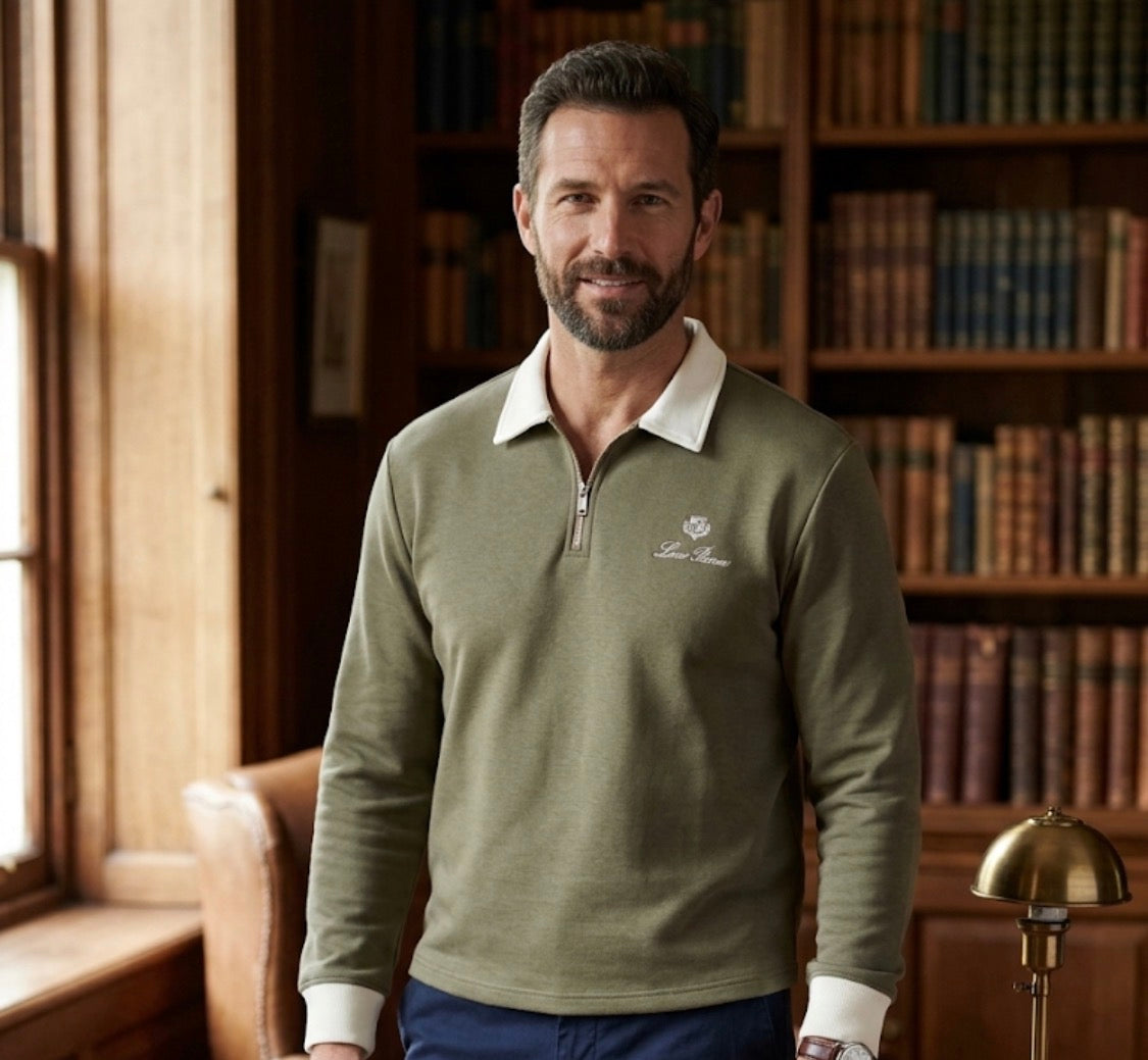 ORIGINAL DESIGN Green Colour  LORO PIANA Embroidery Premium Quality Half Ziper Polo SweatShirt 654-A