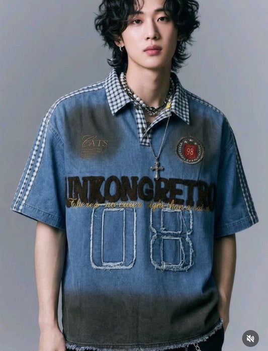 UNKONG RETRO Blue Denim With Check Collar Brown Embroidery Patch Imported Oversized Unisex Collar TShirt 8026